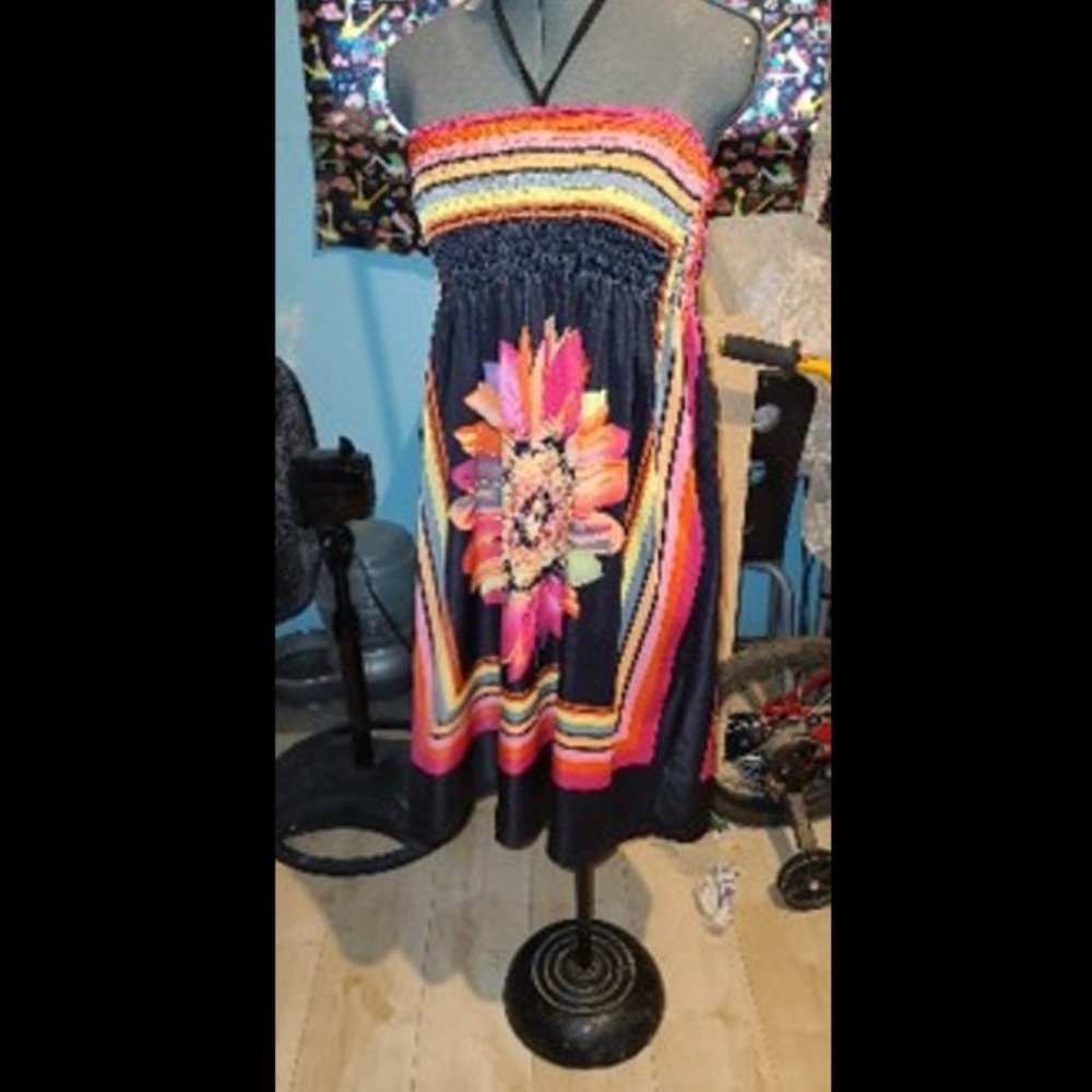 Strapless Black Dress Featuring Large Rainbow Colored Sunflower (OS)